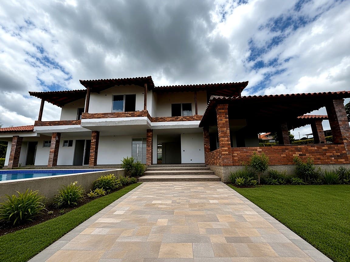 Fachada de casa campestre de dos pisos en Pueblito Acuarela, Floridablanca