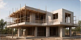 Casa de concreto en construcción con andamios (imagen de ejemplo)