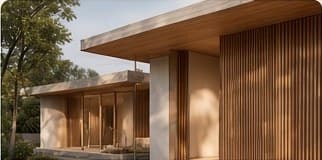 Casa con aleros amplios y paneles de madera (imagen de ejemplo)