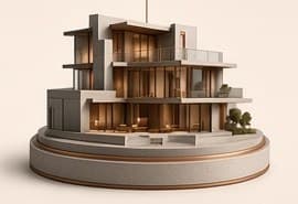 Maqueta de casa terminada con luz cálida, etapa de entrega (imagen de ejemplo)